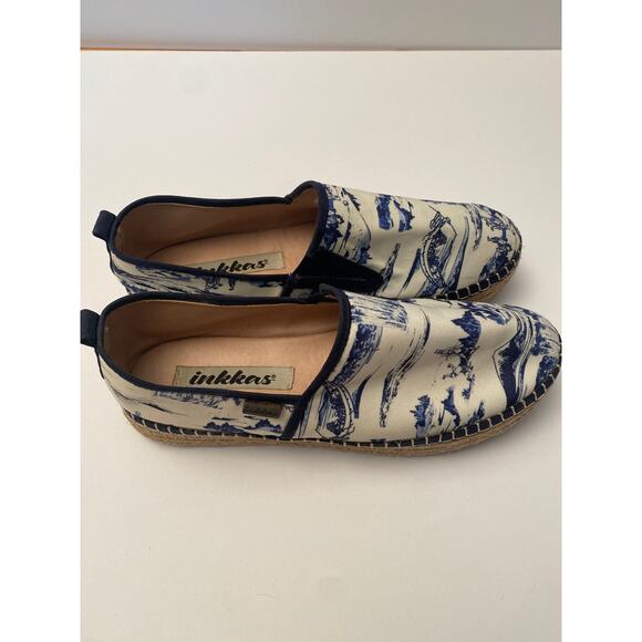 INKKAS Women's Espadrille Shoes Blue White Print Slip On Size 8 Made in Mexico - Picture 1 of 8